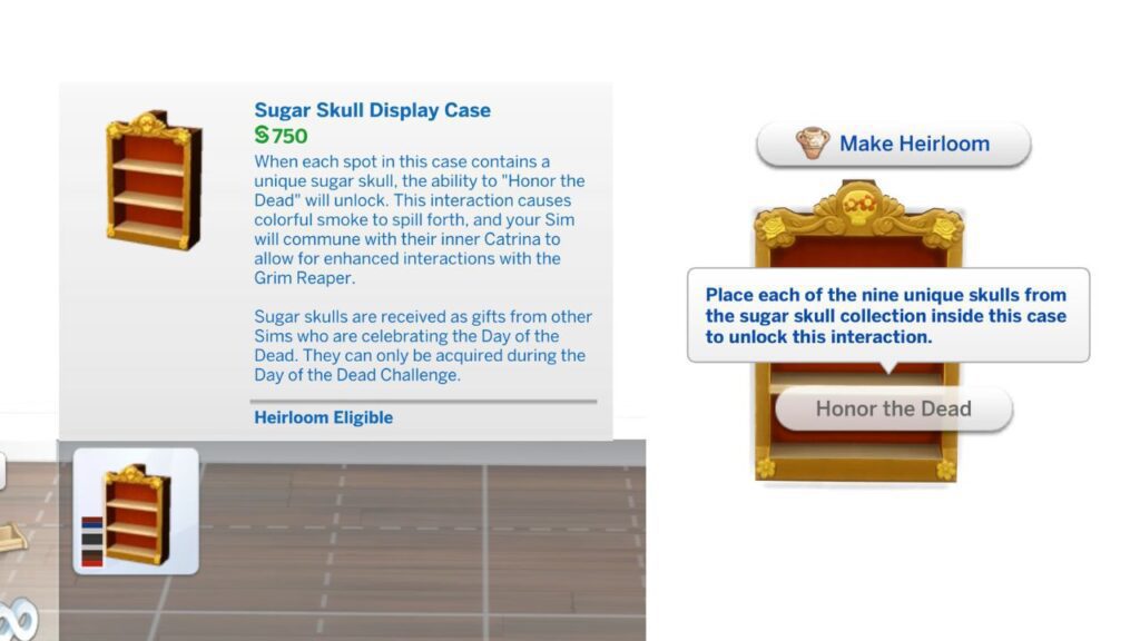A screenshot from The Sims 4 showing the Sugar Skull Display Case from build mode