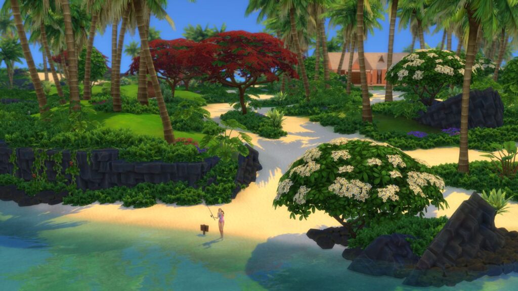 A screenshot from The Sims 4 showing a sim on Sulani fishing surrounded by greenery