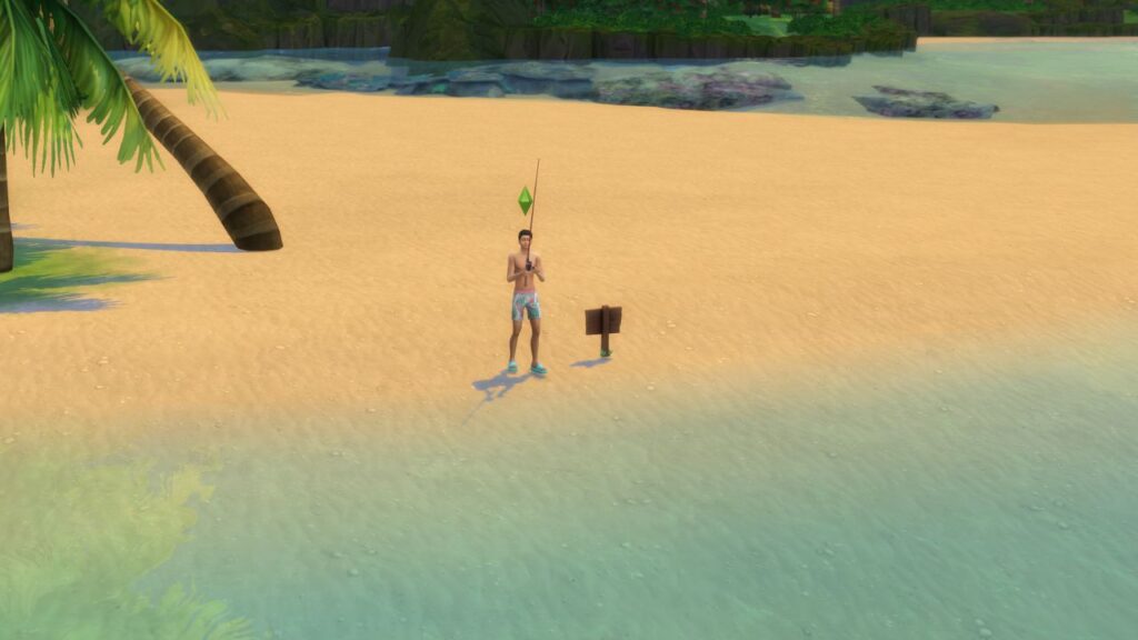 A screenshot from The Sims 4 showing a fishing spot beside the key point lot in Sulani