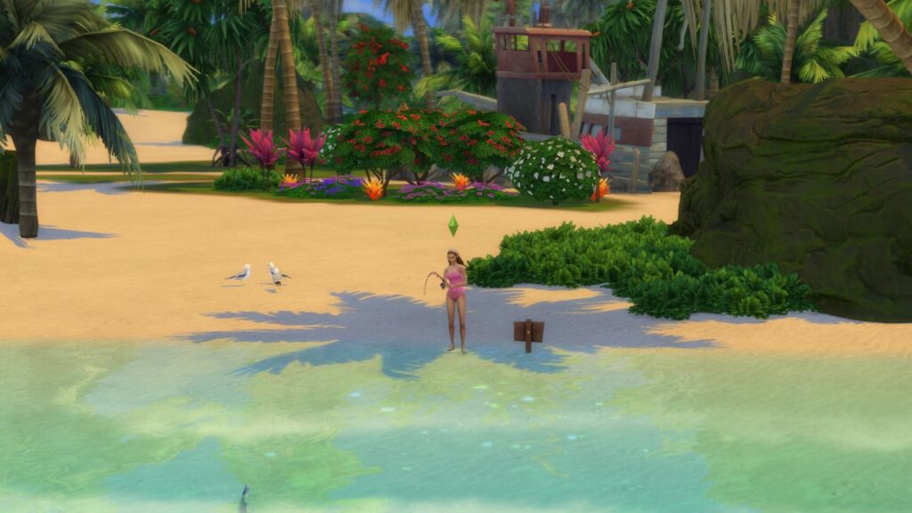 A screenshot from The Sims 4 showing a fishing spot beside Admiral's Wreckage in Sulani