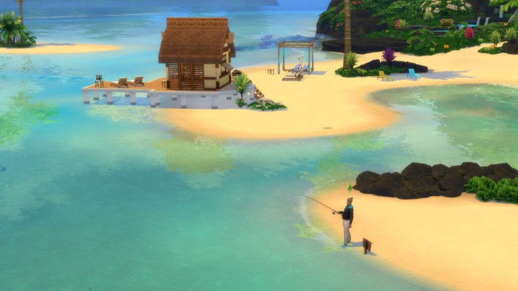 A screenshot from The Sims 4 showing a sim at a fishing spot in Sulani on sand