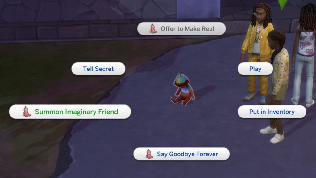 A screenshot from The Sims 4 showing the interaction to summon an imaginary friend back from imaginary land 