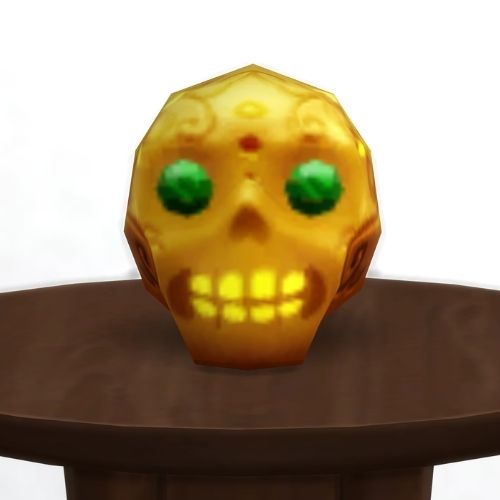 A screenshot from The Sims 4 showing a brown circle table with a gold skull on top