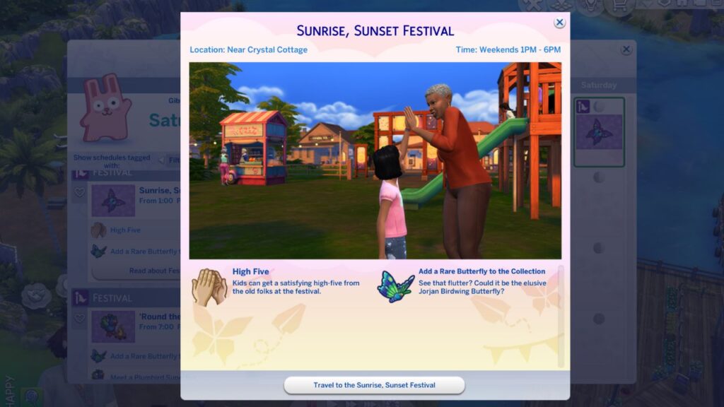 A screenshot from The Sims 4 showing the festival information for the Sunrise, Sunset festival