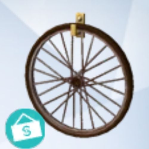 A screenshot from The Sims 4 with a grey background and a bicycle wheel