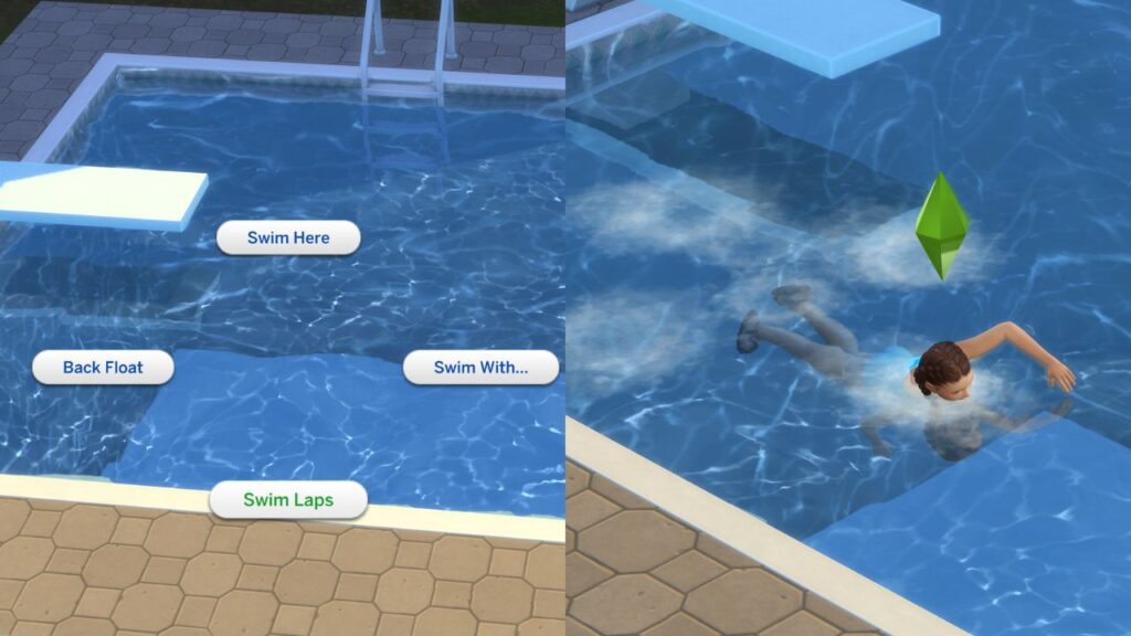 A screenshot from The Sims 4 showing how to have a kid swim laps in a pool