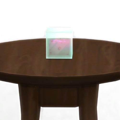 A screenshot from The Sims 4 showing a dark brown table with a Sydrolin in a square on top