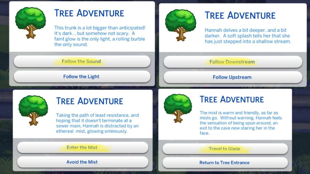 A screenshot from The Sims 4 showing the answers to the action cards for entering sylvan glade and their answers