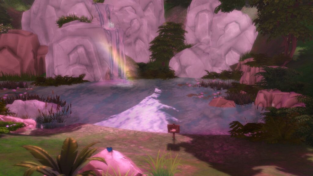 A screenshot from The Sims 4 showing a fishing location in Sylvan Glade by a water fall
