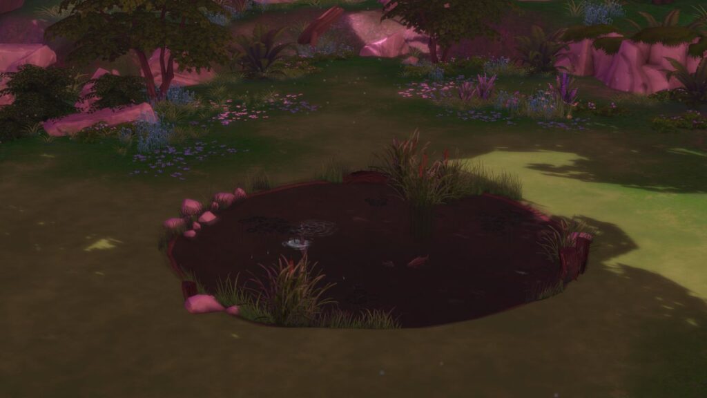 A screenshot from The Sims 4 showing a pond in Sylvan Glade