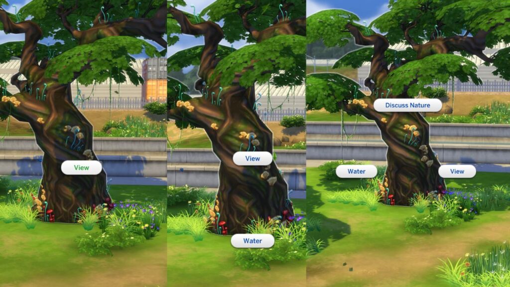 A screenshot from The Sims 4 showing the interactions with the Sylvan Glade Tree