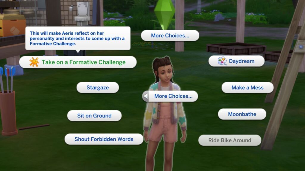 A screenshot from The Sims 4 showing how to take on formative challenge with a child sim