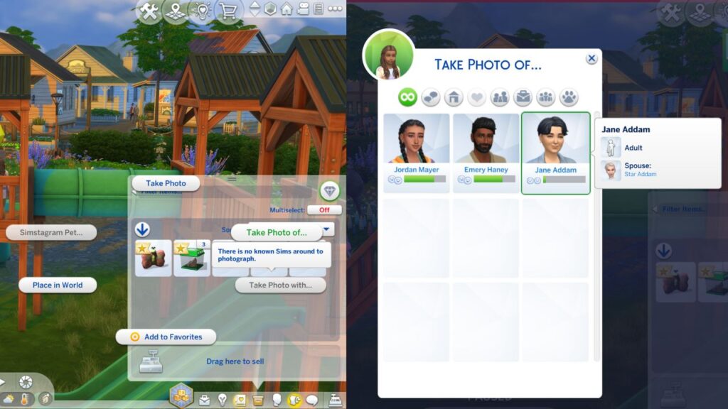 A screenshot from The Sims 4 showing how to take a photo of a sim with a camera in a sim's inventory 