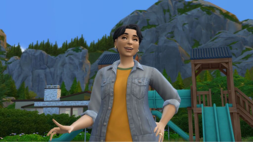 A screenshot from The Sims 4 showing a photo a child took of another sim in front of a mountain and park 