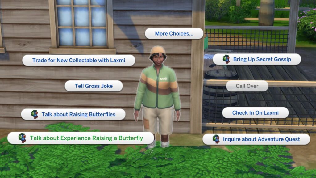 A screenshot from The Sims 4 showing the option to talk about experience raising a butterfly with the butterfly conservationist 