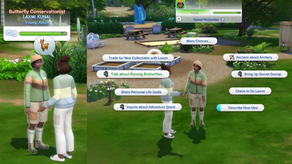 A screenshot from The Sims 4 showing Laxmi Kunal, the butterfly conservationist, and the interaction to talk about raising butterflies with them