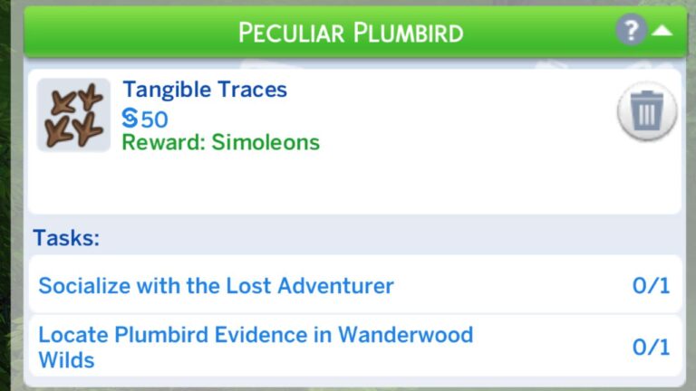 A screenshot from The Sims 4 showing the tangible traces quest tasks