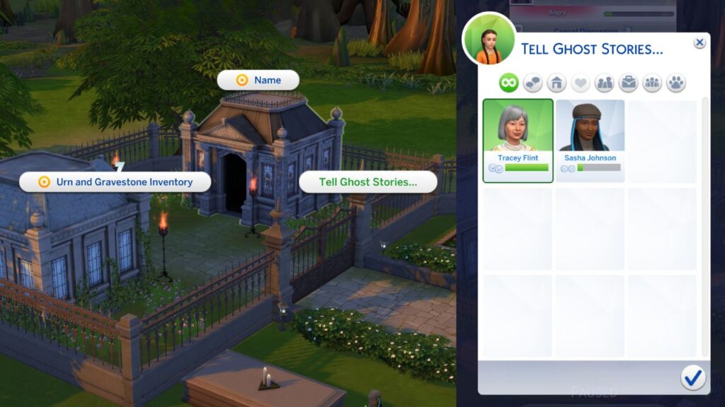 A screenshot from The Sims 4 showing the option and menu to tell ghost stories in a crypt