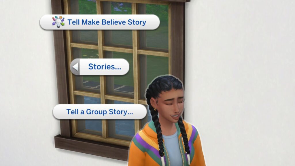 A screenshot from The Sims 4 showing the social interaction for telling stories 