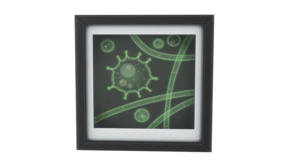 A screenshot from The Sims 4 of a black frame with an image of green cells under a microscope 