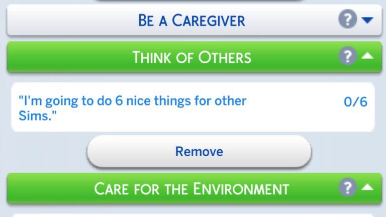 A screenshot from The Sims 4 showing the task for the think of others formative moment