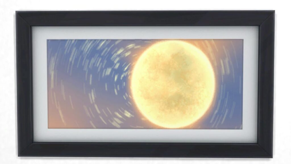 A screenshot from The Sims 4 showing a black frame with a print of a moon