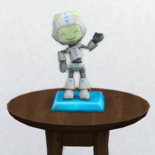 A screenshot from The Sims 4 with a small, circular brown table. On top is a MySims Trophy named Tobor
