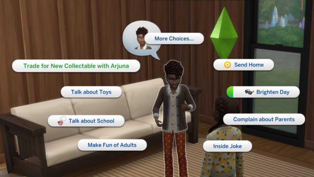 A screenshot from The Sims 4 showing the social interaction to trade collectables with another sim 