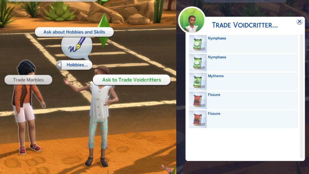 A screenshot from The Sims 4 showing how you can trade Voidcritters with another child