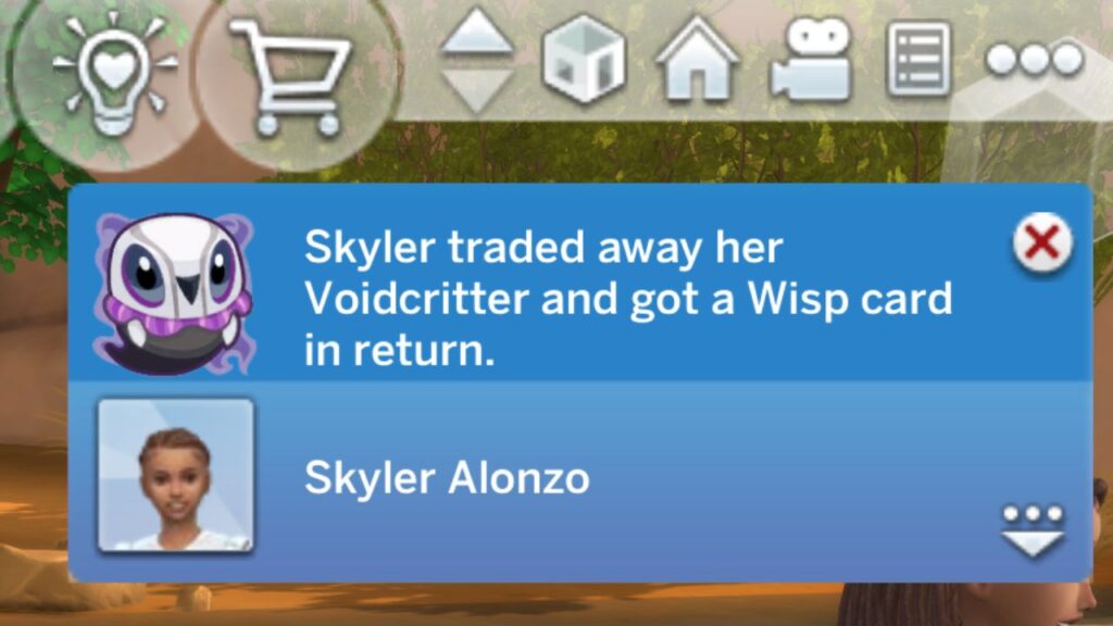 A screenshot from The Sims 4 showing the notification you get after trading Voidcritters