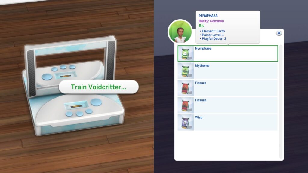 A screenshot from The Sims 4 showing how to train voidcritters on the battle station