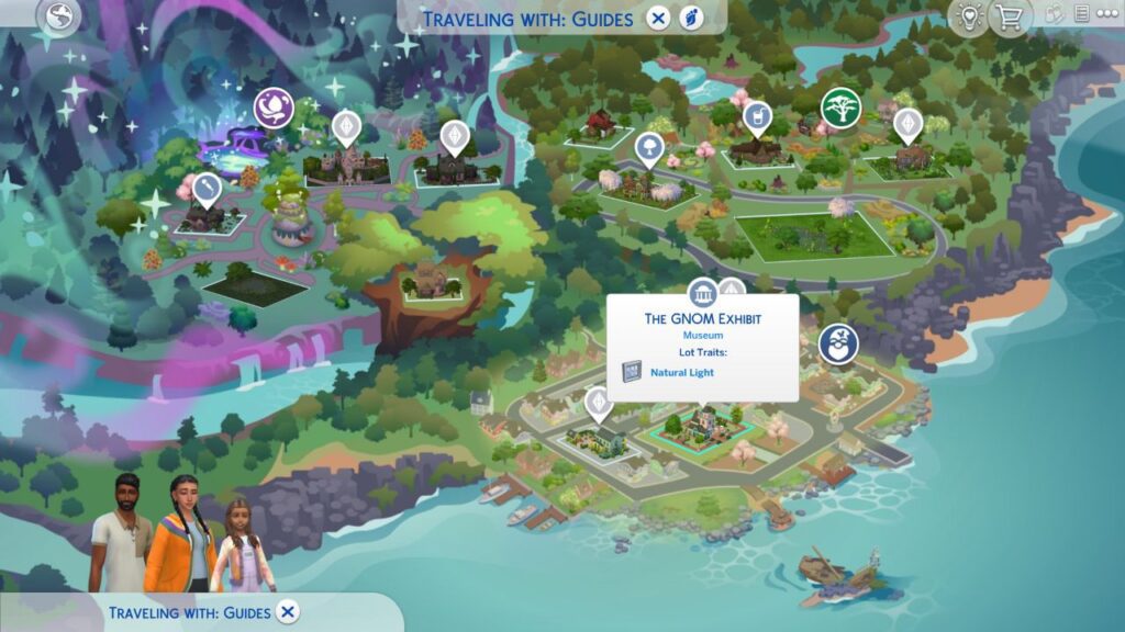 A screenshot from The Sims 4 showing the map for Innisgreen 