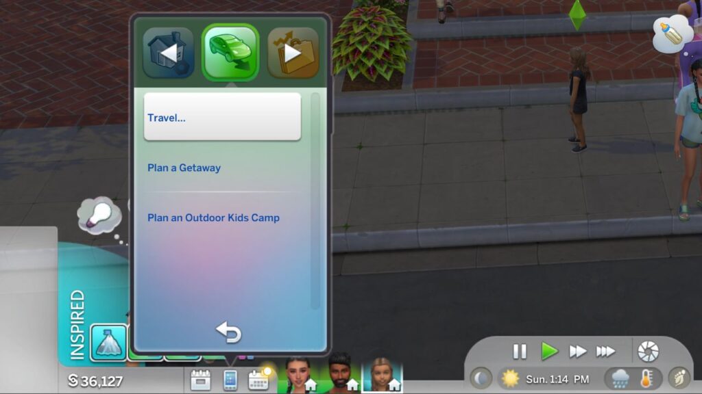A screenshot from The Sims 4 showing how to travel from a sim's phone 