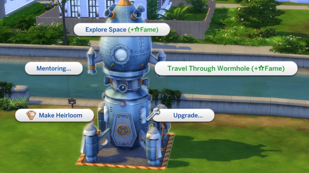 A screenshot from The Sims 4 showing the option to travel through wormhole on a rocket ship after installing the wormhole generator