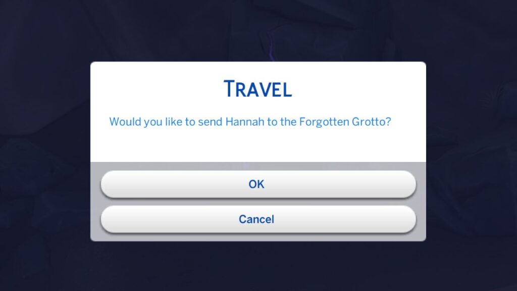 A screenshot from The Sims 4 showing the TRAVEL to forgotten grotto card