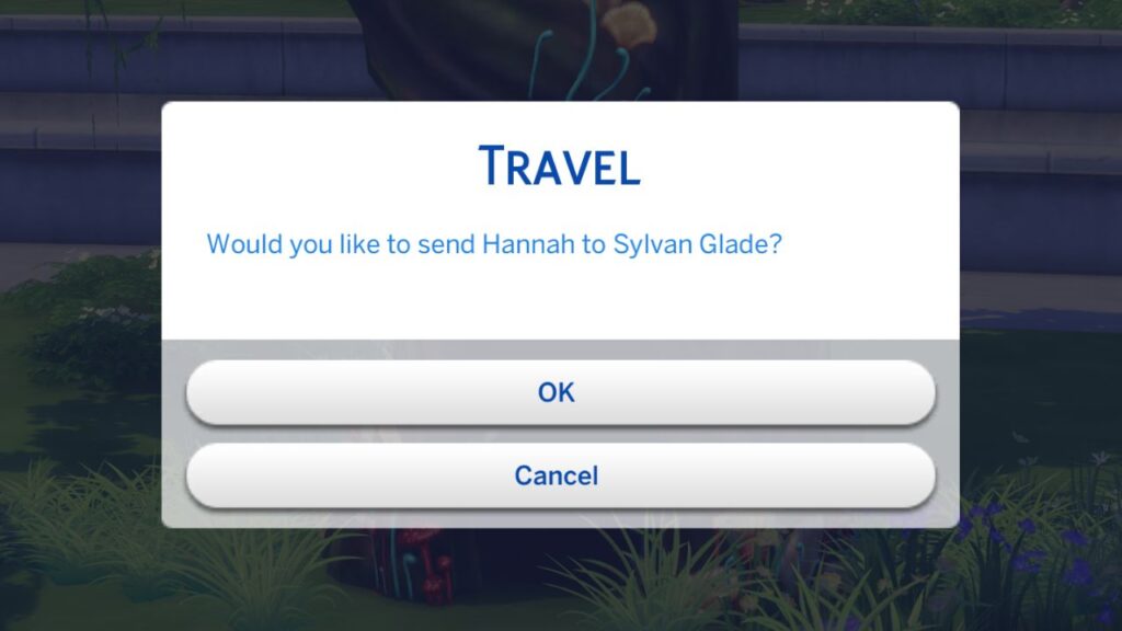 A screenshot from The Sims 4 showing the action card to travel to Sylvan Glade