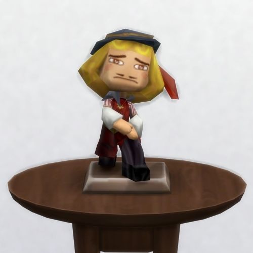 A screenshot from The Sims 4 with a small, circular brown table. On top is a MySims Trophy named Trevor Verily