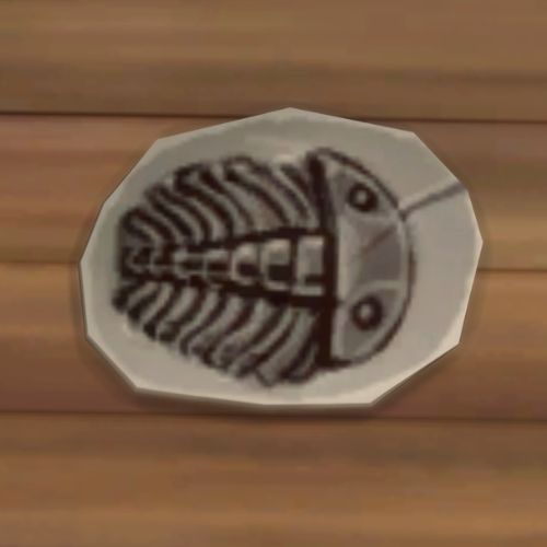 A screenshot from The Sims 4 showing a rock on the ground. On the rock is an image of a fossilized bug