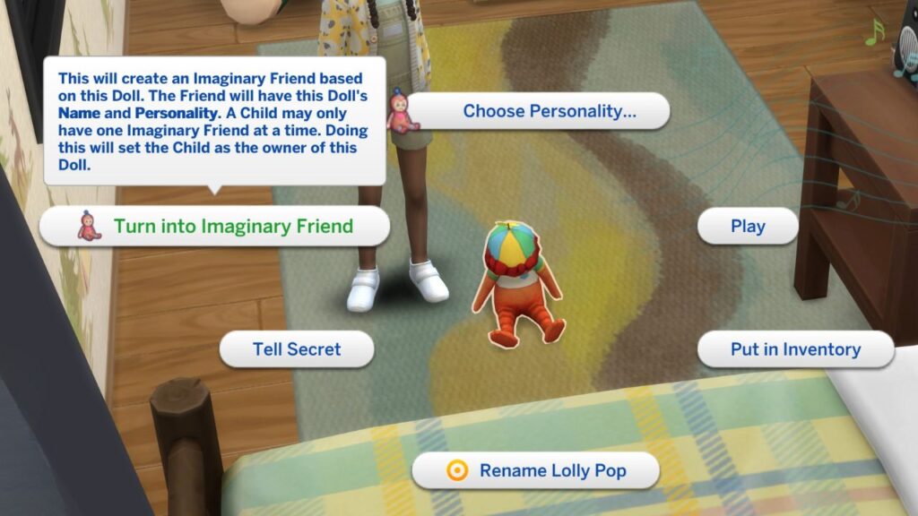 A screenshot from The Sims 4 showing the option to turn a doll into an imaginary friend 