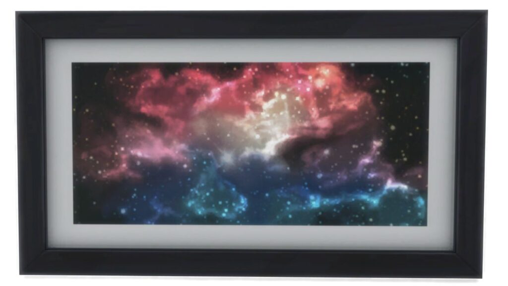 A screenshot from The Sims 4 showing a black frame with a print of a the galaxy in pink, blue, white and purple