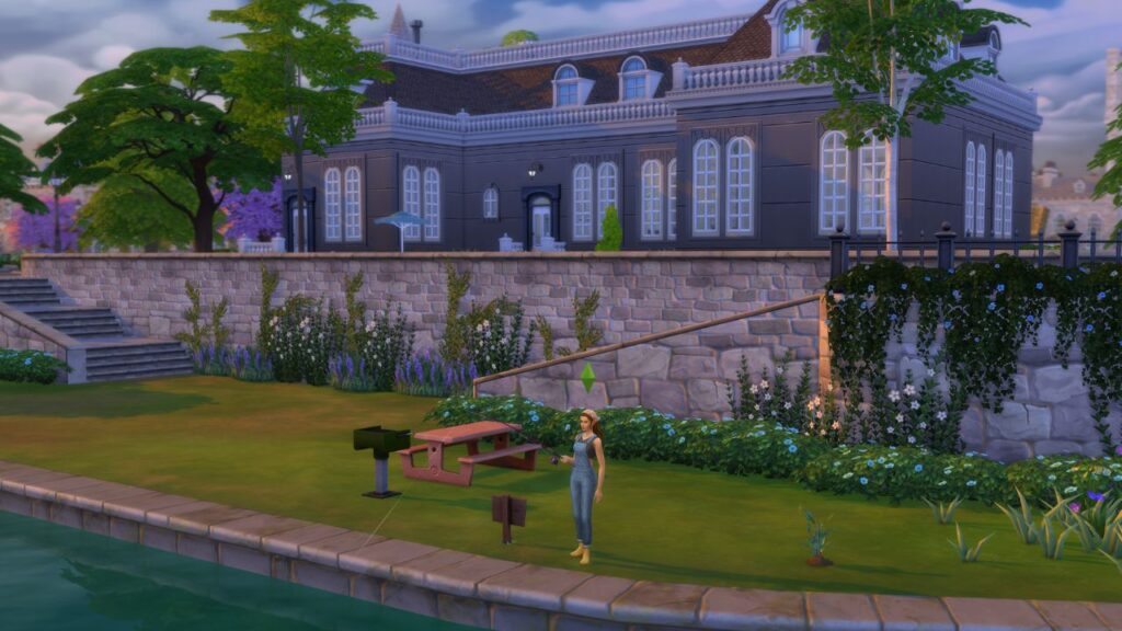 A screenshot from The Sims 4 showing the fishing spot behind Darby's Den