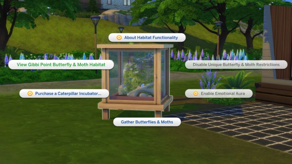 A screenshot from The Sims 4 showing the options for a butterfly habitat