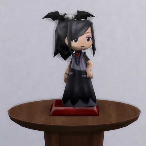 A screenshot from The Sims 4 with a small, circular brown table. On top is a MySims Trophy named Violet