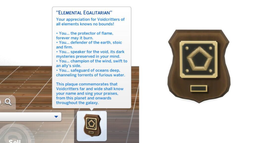 A screenshot from The Sims 4 showing the Elemental Egalitarian plaque