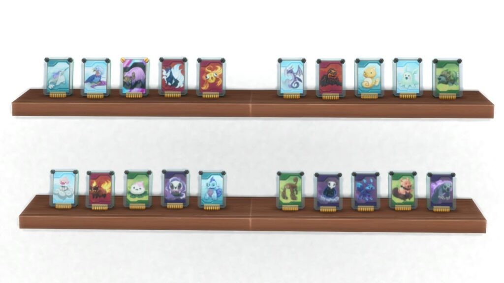 A screenshot from The Sims 4 showing every Voidcritter card on shelves
