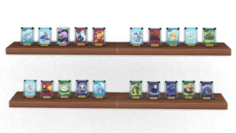 A screenshot from The Sims 4 showing every Voidcritter card on shelves