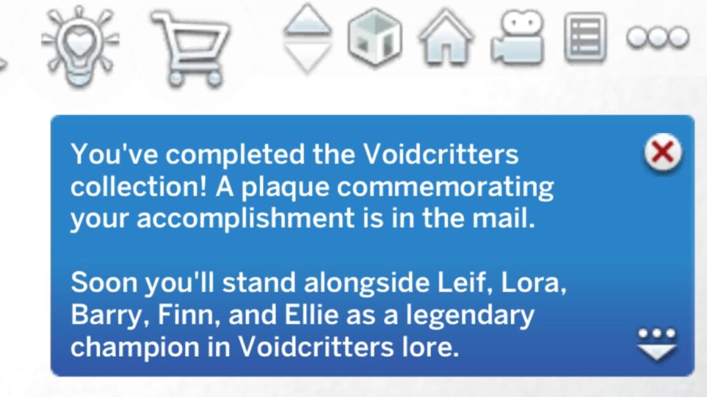 A screenshot from The Sims 4 showing the notification you get when you finish the voidcritter collection