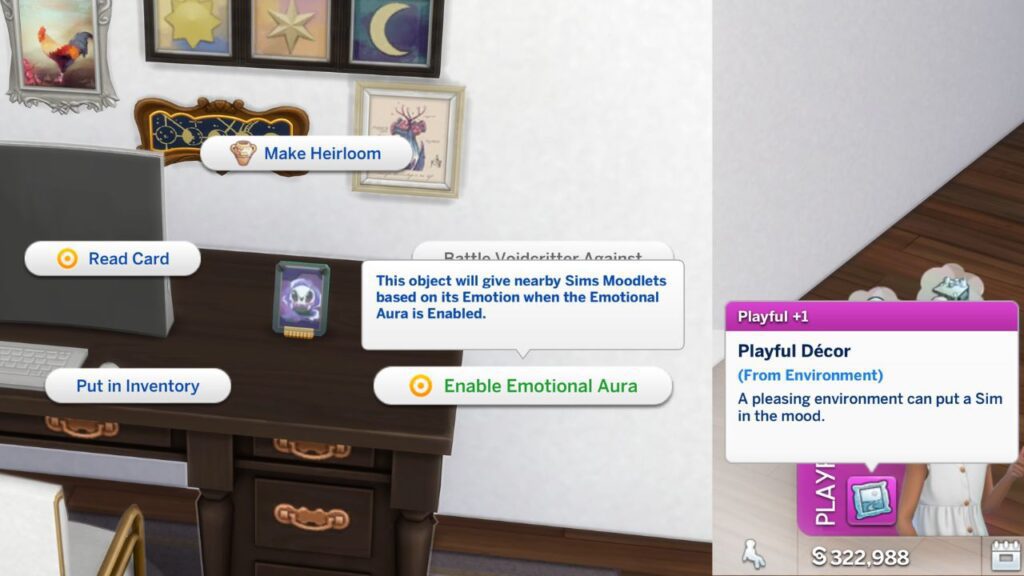 A screenshot from The Sims 4 showing how to enable the emotional aura on a voidcritter