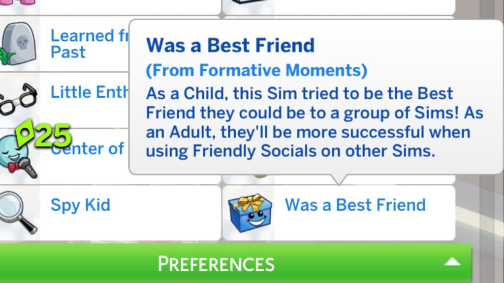 A screenshot from The Sims 4 showing the was a best friend formative moment trait
