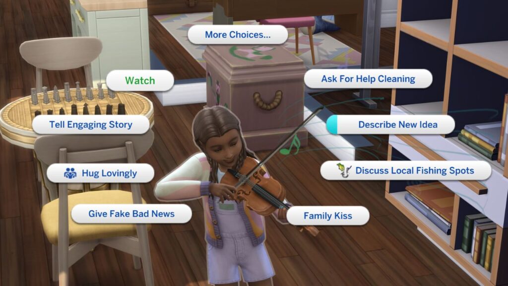 A screenshot from The Sims 4 showing the option to have someone watch a child playing the violin 